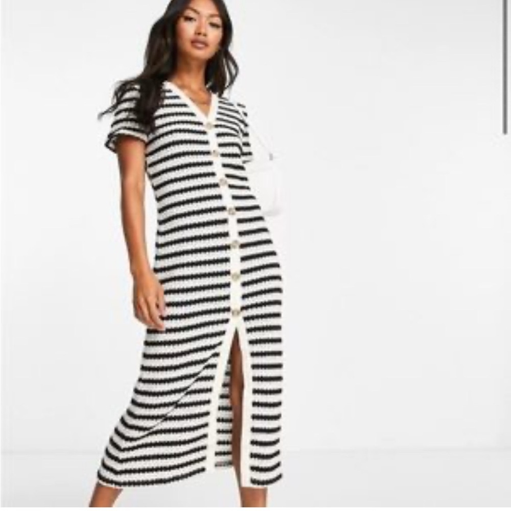 Mango Black and White Striped Button-Front Midi Dress